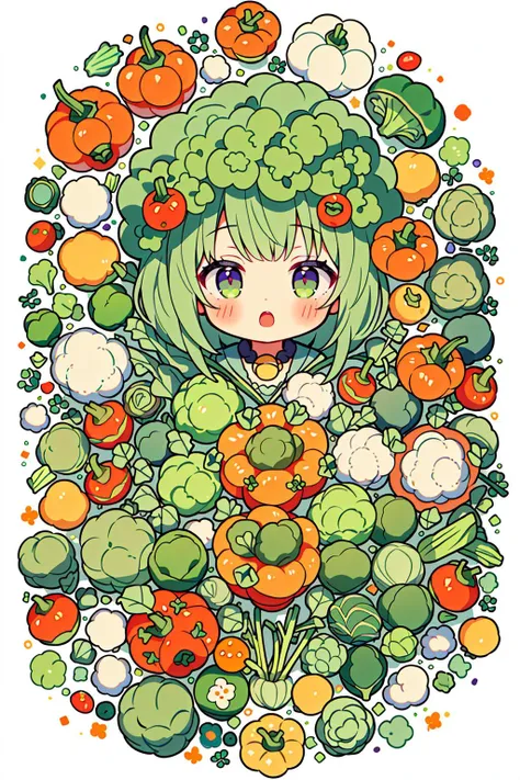 ((masterpiece:1.4, best quality)), ((masterpiece, best quality)),illustration,(1girl:1.5)(vegetables:1.5),(vegetables mascot costume:1.2),Carrot, Tomato, Potato, Spinach, Broccoli, Onion, Lettuce, Bell Pepper, Cucumber, Cauliflower, Eggplant, Zucchini, Pum...