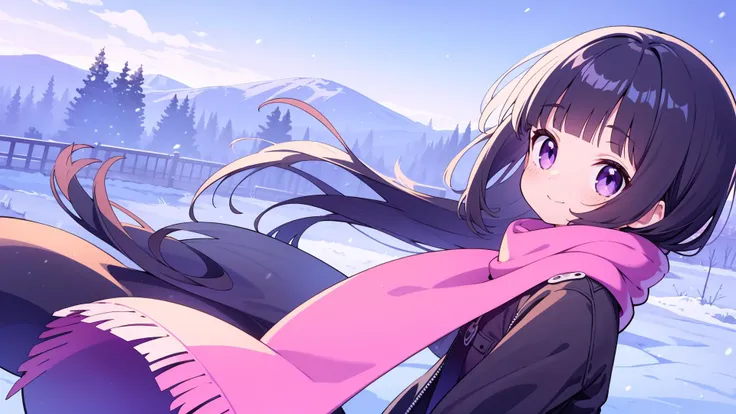 masterpiece, best quality, solo, petite
black hair, purple eyes, blunt bangs, wavy hair, winter clothes, pink scarf, coat, smile, flat chest
blue sky, wind, snow