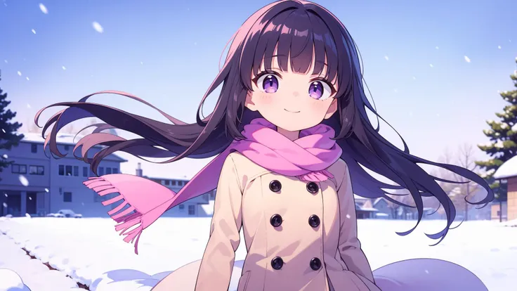 masterpiece, best quality, solo, petite
black hair, purple eyes, blunt bangs, wavy hair, winter clothes, pink scarf, coat, smile, flat chest
blue sky, wind, snow