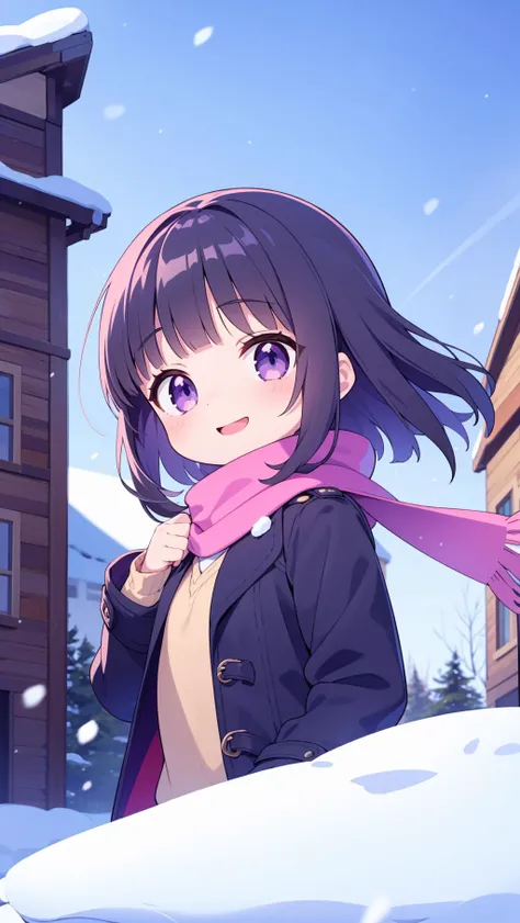 masterpiece, best quality, solo, petite, portrait
black hair, purple eyes, blunt bangs, wavy hair, winter clothes, pink scarf, coat, smile, flat chest
blue sky, wind, snow