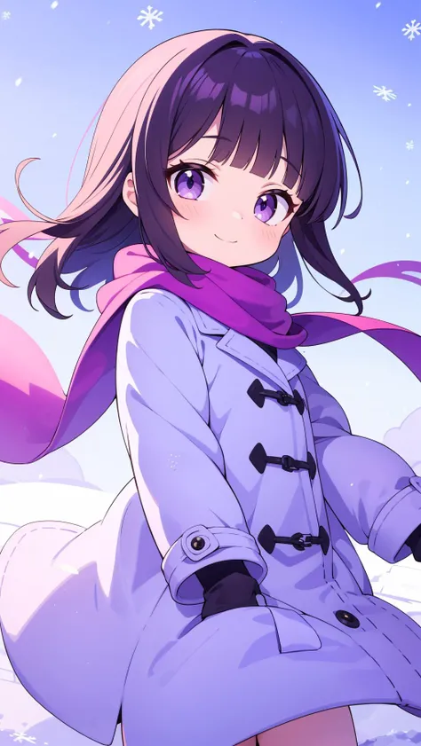 masterpiece, best quality, solo, petite
black hair, purple eyes, blunt bangs, wavy hair, winter clothes, pink scarf, coat, smile, flat chest
blue sky, wind, snow