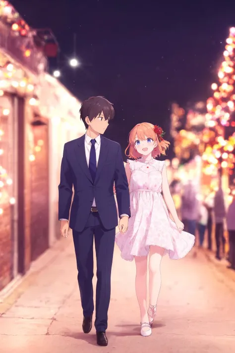 (depth of field:1.4),(full_shot:1.4),(blur:1.3),(dark:1.4),(very detailed:1.4),(high resolution:1.1), (Couples strolling hand in hand amidst twinkling, festive lights.:1.3) BREAK
1girl,(Caramel Short Wavy Hair with:1.3) BREAK