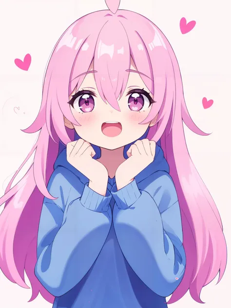 anime girl with pink hair and blue shirt with hearts in background