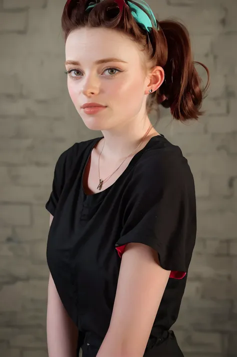 a close up of a woman with a black shirt and a green headband