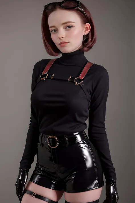 a woman in black latex with a pair of glasses on her head