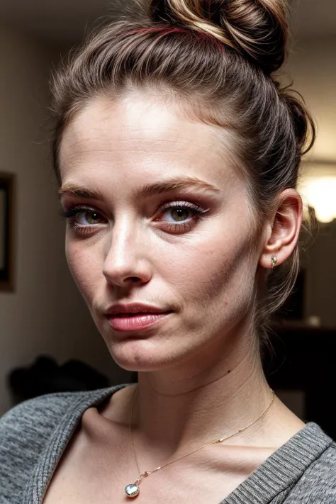 arafed woman with a messy bun in a grey sweater