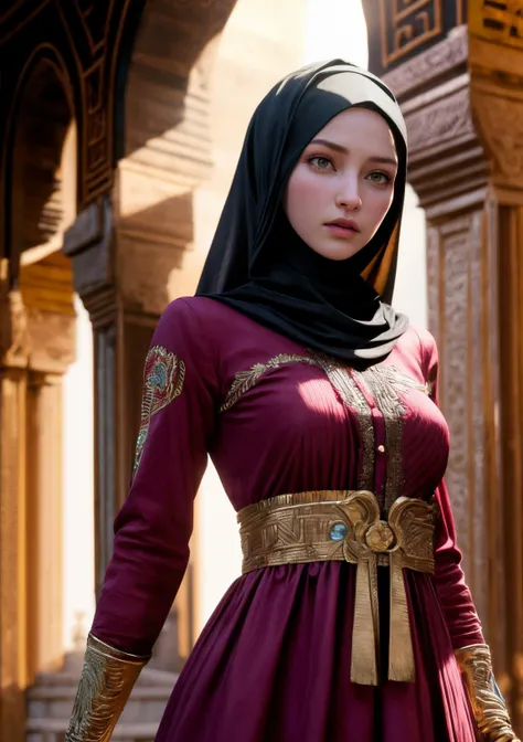 8k, very sharp image, masterpiece, best quality, highres, 1girl, bella hadid, arabian architecture,  hijab, embroidery, embroidered dress,  loose clothes, long sleeves, standing, veranda, bridal gauntlets, 
high detail skin, high detail hair, high detail l...