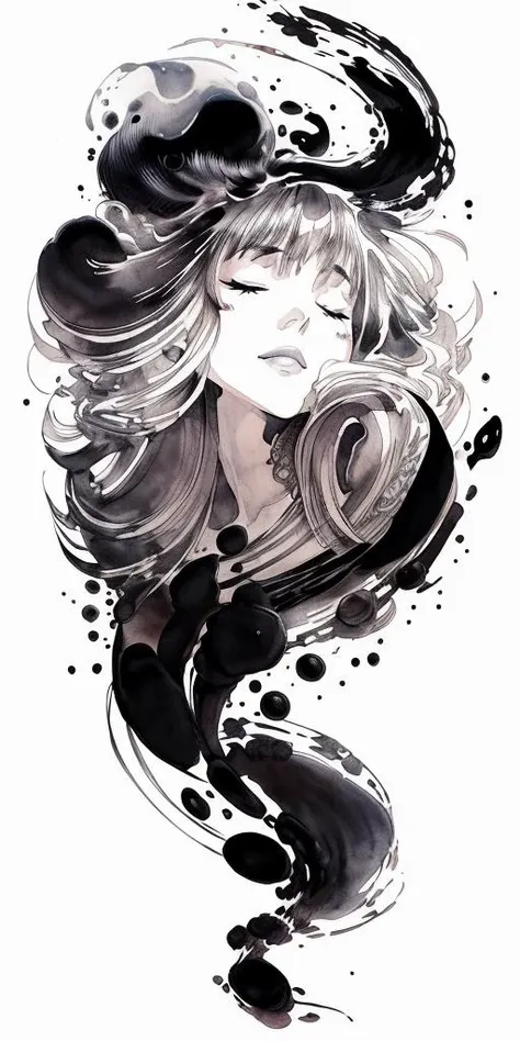 (ink art, ink illustration, ink, rough:1.4), 1girl, solo, (flowing lines), dreaming, dreams, sleeping, eyes closed, floating, flowing hair, hair flowing into ink, swirling ink, highly detailed background, multicoloured, ((abstract)) <lora:more_details:0.4>...