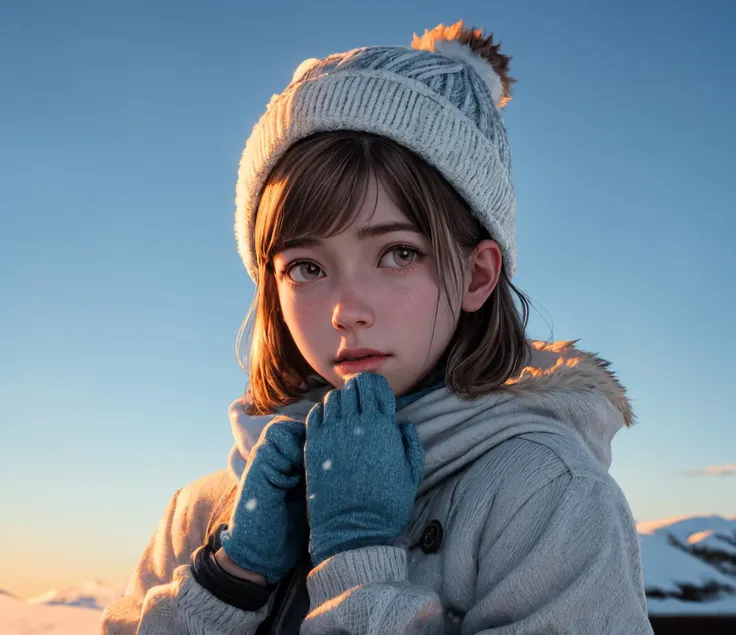 8k, very sharp image, masterpiece, best quality, highres, 1girl, Jennette McCurdy,  upper body, short messy bangs, medium hair, brown hair,  white eyes, winter clothes, winter, winter gloves, snow cap
blue hour, twilight, ISO12000, high detail skin, high d...