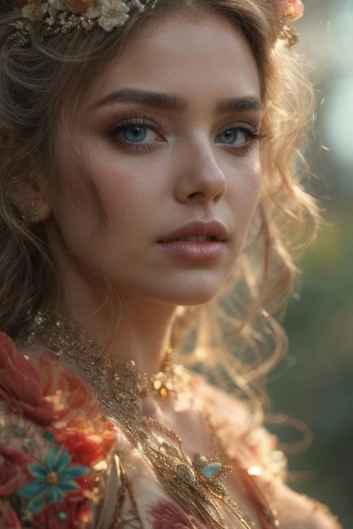 A breathtaking full body portrait of pure femininity, highlighting unparalleled beauty, captivating eyes, and skillful makeup with blush. The scene is adorned with intricate details, and the harmonious background creates a perfect balance. (Breathtaking po...