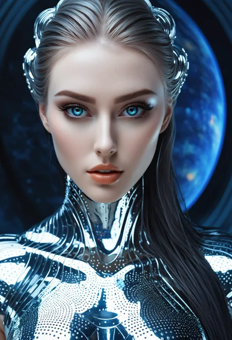 a close up of a woman in a futuristic suit with a blue background