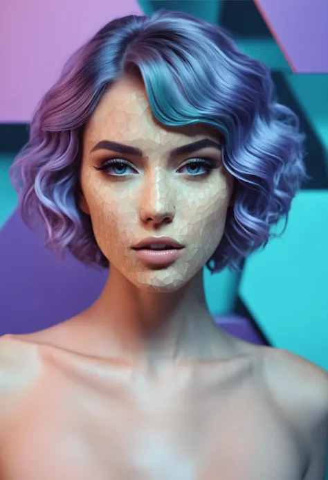 a woman with purple hair and freckled skin posing in front of a colorful background