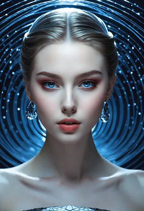 a woman with blue eyes and a blue dress is posing in front of a spiral background