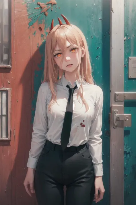 anime girl with long blonde hair and a tie standing in front of a door