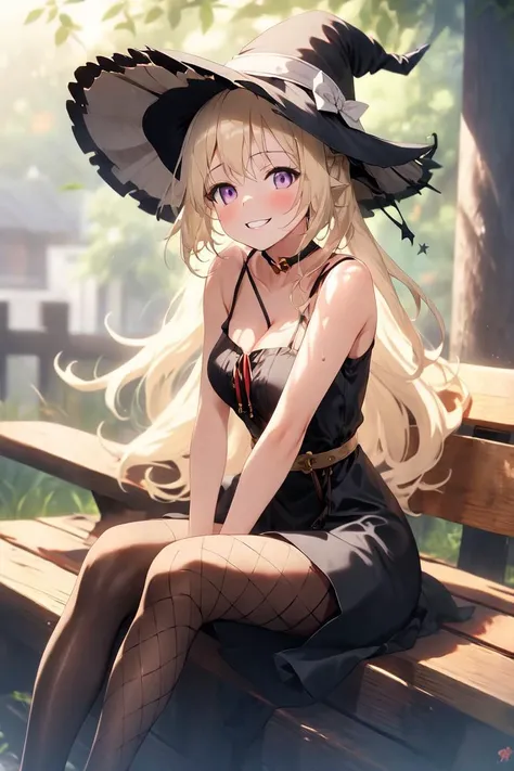 masterpiece, best quality, absurdres, perfect anatomy, 1girl, solo, Tsunomaki Watame, purple eyes, long hair, witch, witch hat, tight dress, fishnets, fishnet pantyhose, cleavage, black dress, smile, parted lips, sitting, <lora:CHAR-Tsunomaki Watamev.4.0:1...