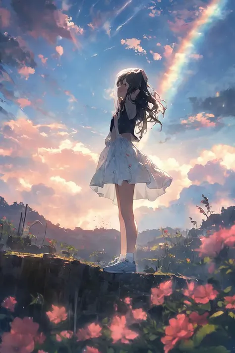 a girl standing on a rock with a rainbow in the sky