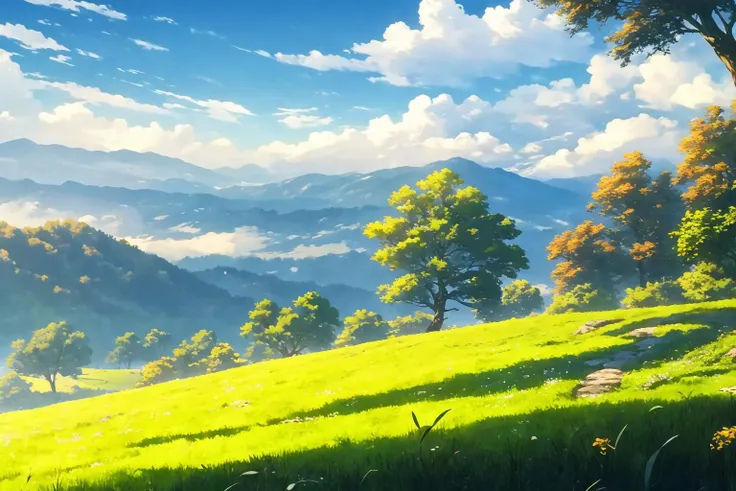 a picture taken from a video game of a green field with trees and mountains in the background