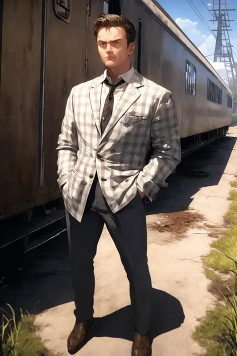 arafed man in a suit standing next to a train