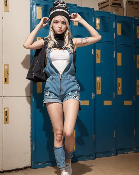 1girl, amber eyes, white hair, rainbow hair, barefoot, turtleneck, beanie, overalls, vest, boxer shorts, chest, zippers, tattooed feet, in a gym, clothes stretch, denim overalls, white boxer shorts, locker, camouflage headwear, overalls stretch, spotlight,...