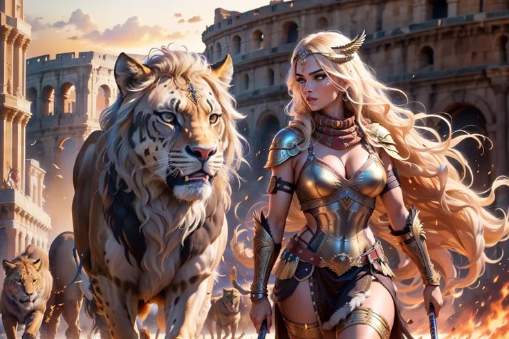 Sexy and beautiful female, valkyrie, walking a lion, Lion king, fighting, Ancient Roman Colosseum, massive scale stunning environment, (masterpiece,best quality,8k:1.2), best shadow, highly detailed facial features,beautiful and flawless face,perfect eyes