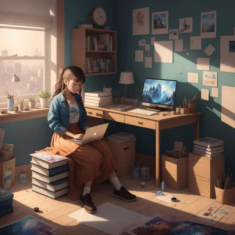 1girl, sitting before a computer, messy room,  books and snacks, (extremely detailed CG unity 8k wallpaper), the most beautiful artwork in the world, professional majestic oil painting by Ed Blinkey, trending on ArtStation, trending on CGSociety, Intricate...