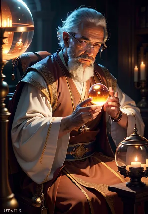 highres, masterpiece, perfect lighting, bloom, cinematic lighting, 
A monk sitting in the air with a crystal ball in his hand, With a cane in the other hand, 
, (masterpiece:1.3), (best_quality:1.3), (ultra_detailed:1.3), 8k, extremely_clear, realism, (ult...