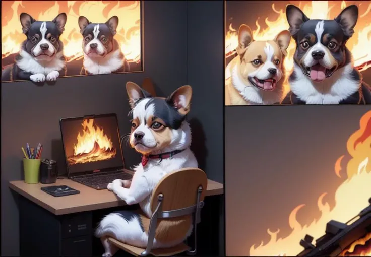 illustration, highres, night, cinematic, (office on fire:1.3),
<lora:this-is-fine:1>, 2 panel comic strip, this_is_fine, english text, "this is fine", speech bubble,
((((corgi):1.1) and (boston terrier)):1.0) sitting, behind wall of fire, laptop, fire arou...