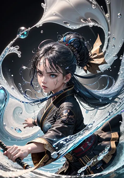 dynamic, action photo, fighting with water, (katana:1.2), female, floating,  floating blue_hair, long hair, (waterdrop:1.6), blue_kimono with detailed pattern,(textured_clothing), (black background:1.6), (in center of (tornado|water):1.3), ,
, highres, sha...