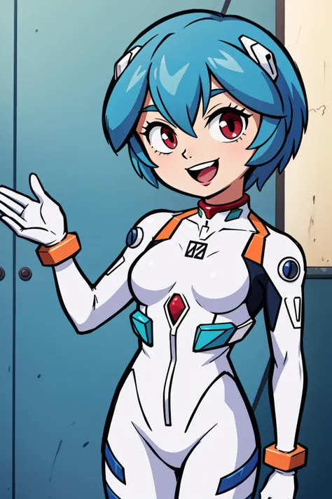 a cartoon picture of a woman in a white suit with blue hair