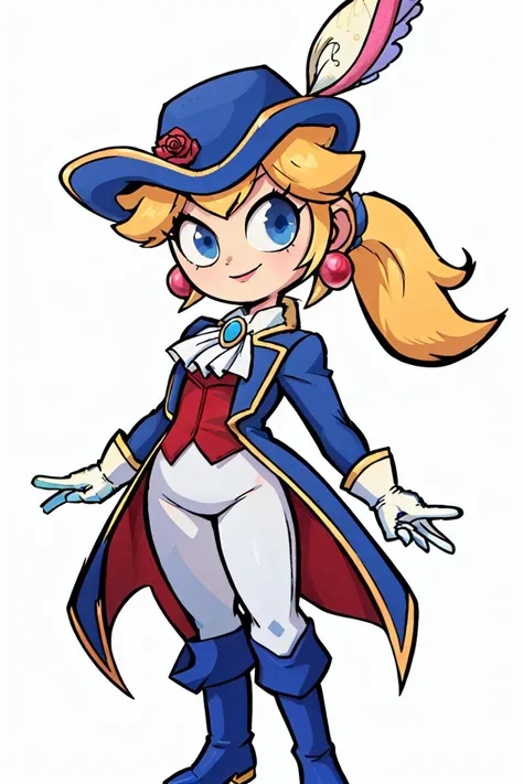 ((masterpiece,best quality)),  absurdres, <lora:Princess_Peach_Nintendo:0.8>, Swordfighter_Peach, solo, 1girl, hat, blonde hair, blue eyes, jewelry, earrings, long hair, rapier, hat feather, pants, ascot, red rose, hat flower, ponytail, white pants, white ...