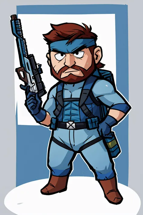 masterpiece, best quality, <lora:GoodHands-beta2:1>   full body,  <lora:solidsnake-nvwls-v1-final:0.85> solid snake, facial hair, blue bodysuit, gloves, headband, holding, water gun,