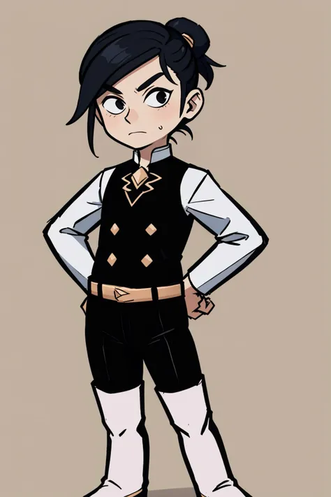 a drawing of a boy in a black vest and white shirt