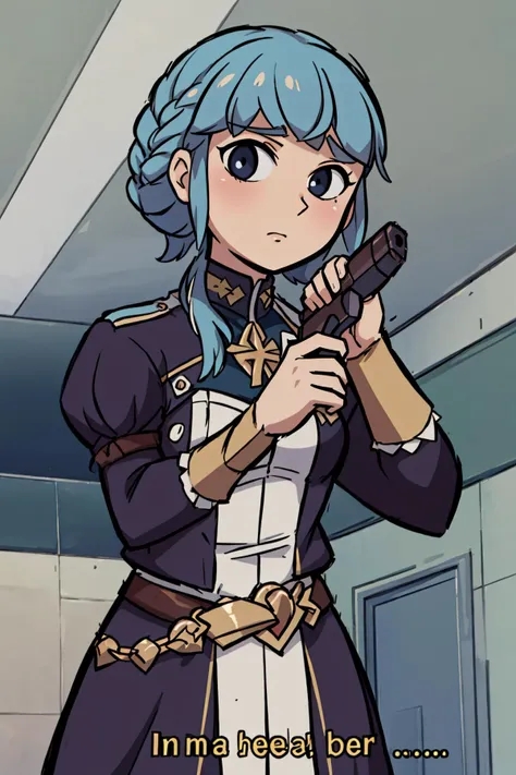 a cartoon picture of a woman with blue hair holding a gun