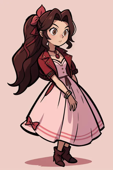 a drawing of a girl in a pink dress and a red jacket