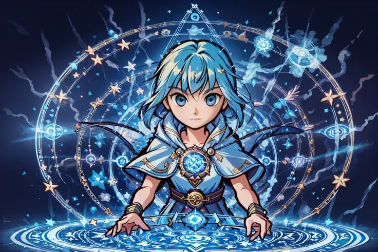 a woman with blue hair and blue eyes holding a crystal