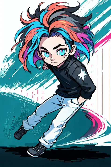 a cartoon image of a girl with colorful hair and blue eyes