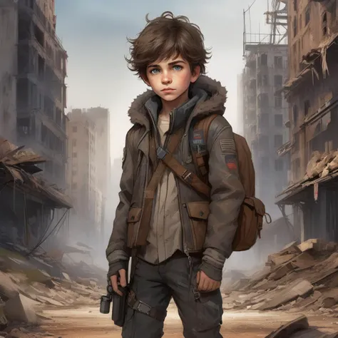 a young boy stands in a destroyed city with a gun