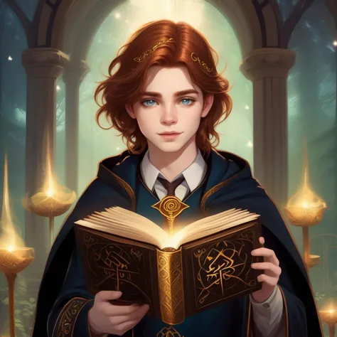 a woman with red hair and a cape holding a book