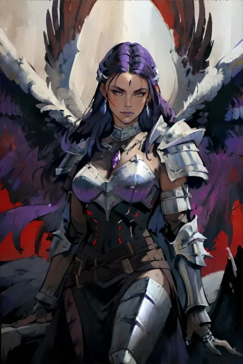 <lora:oilpainting:0.7> oil_painting, visible brushstrokes, valkyrie woman wearing winged battle armor dress, (purple, red, white palette), masterpiece, 8k, high resolution, shallow depth of field, sharp focus