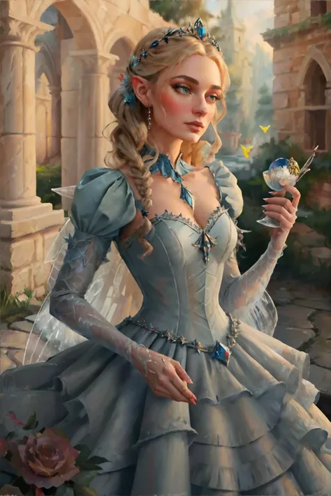 <lora:oilpainting:0.7> oil_painting, visible brushstrokes, woman, wearing Fairy tale-inspired ball gowns with cascading layers and ruffles, (stone, clay, brick palette), masterpiece, 8k, high resolution, shallow depth of field, sharp focus