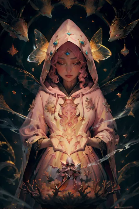 <lora:oilpainting:0.7> oil_painting, visible brushstrokes, pixie woman, wearing Hooded capes with celestial motifs, (smoke, honey, coral pink palette), masterpiece, 8k, high resolution, shallow depth of field, sharp focus