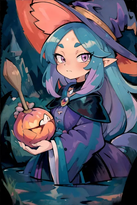 a close up of a cartoon character holding a pumpkin