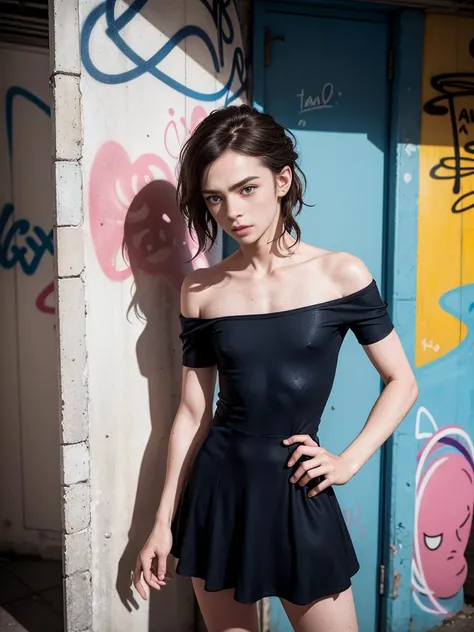 A photo of a 34yo man crossdressing, in a public bathroom captures the allure of a freckles, pale skin, deep blue eyes, wearing a sexy off shoulder skater dress, leaning in front of graffiti-covered walls, the dimly lit space accentuates the hair glistenin...