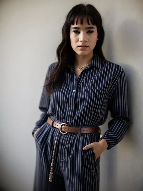 Realistic photo of a beautiful s0f14b woman,1girl,solo,long hair,looking at viewer,shirt,black hair,jewelry,striped,belt,pants,necklace,lips,striped shirt,realistic,hands in pockets,soft lighting, professional Photography, Photorealistic, detailed, RAW, an...