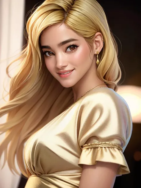 Realistic photo of a beautiful s0f14b woman,1girl,solo,long hair,smile,blonde hair,dress,brown eyes,jewelry,upper body,earrings,teeth,grin,lips,looking to the side,soft lighting, professional Photography, Photorealistic, detailed, RAW, analog, sharp focus,...