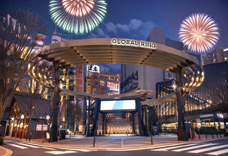 fireworks are lit up in the sky above a shopping center