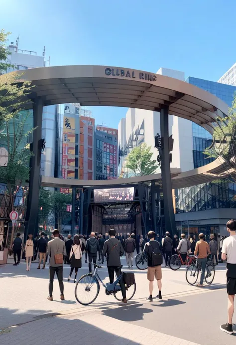 people walking and biking in front of a large building with a sign that says global ride