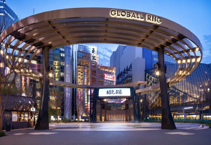 arafed archway with a sign that says global rive in front of a city skyline