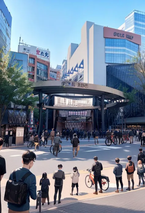 people walking and biking in a city square with a lot of tall buildings