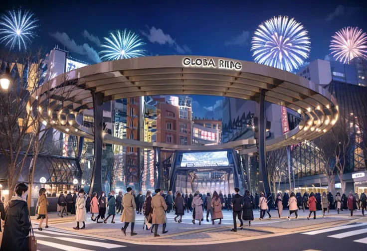 people walking around a city plaza with fireworks in the sky